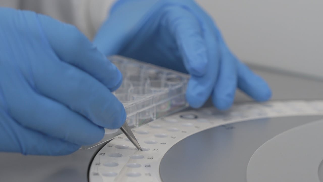 default-395 a closeup of a hnad wearing rubber gloves dropping a sample of syrup into a centrifuge